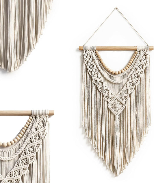 31.5×15 Inch Boho Macrame Wall Hanging, Handwoven Tapestry with Wooden Beads, Boho Home Decor