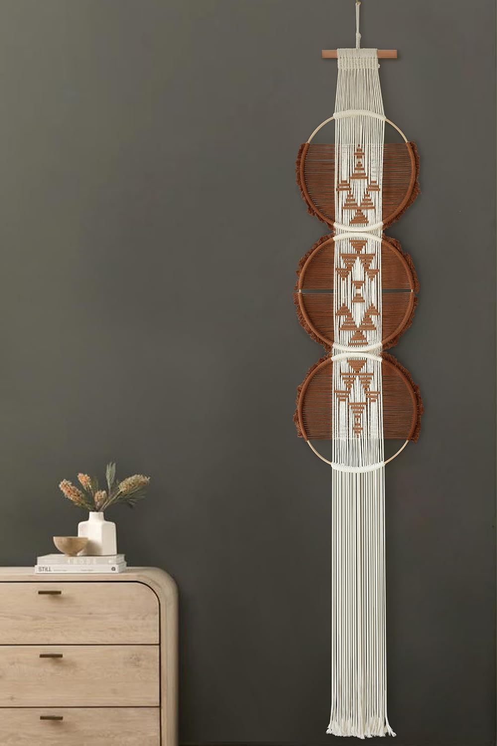 Macrame Wall Hanging Round Brown Handmade Wall Art Boho Decor 11.8"W*65"L