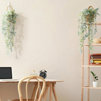 Fake Hanging Plant Decor Indoor, Eucalyptus Artificial Faux Plants in Wall Woven Planters, Jute Hanger with Black Pot Soft Green 1PCS 23Inch Long