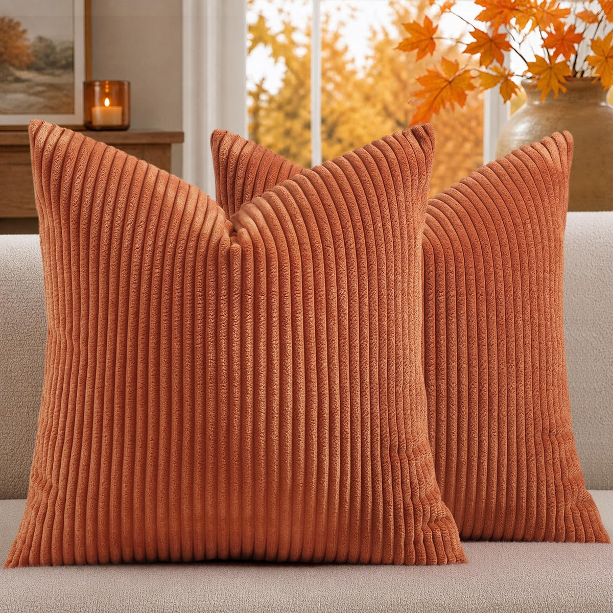 Mecatny Corduroy Fall Throw Pillow Covers 18x18 Set of 2 Olive Green