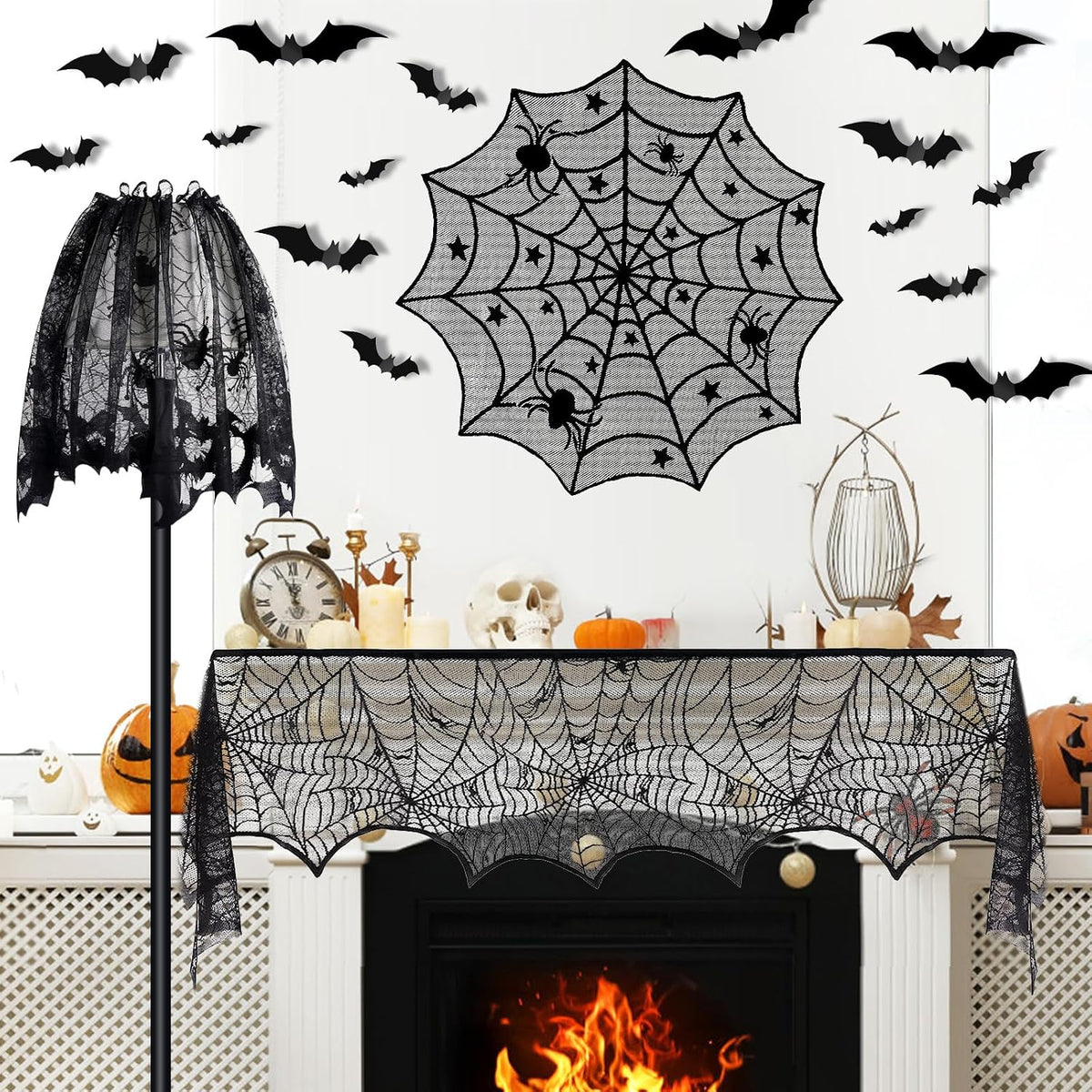 5Pack Halloween Spiderweb Tablecloth Runner Fireplace Scarf Lampshade Bats