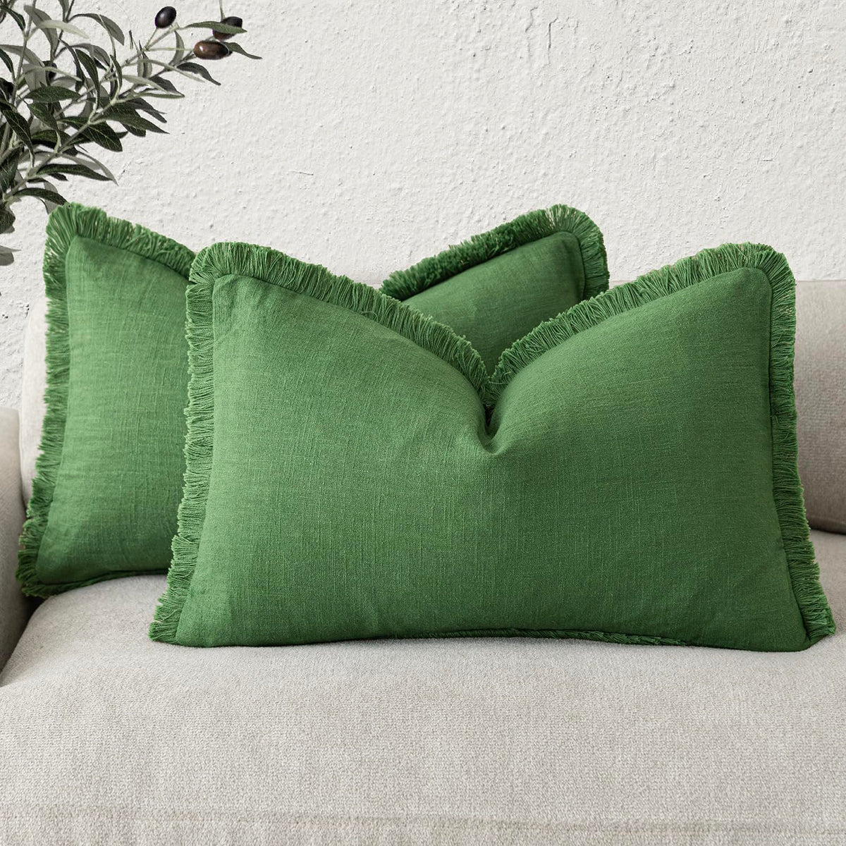 Foindtower Decorative Linen Fringe Throw Pillow Covers 20×20 Olive Green