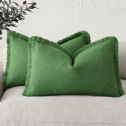 Foindtower Decorative Linen Fringe Throw Pillow Covers 20×20 Olive Green
