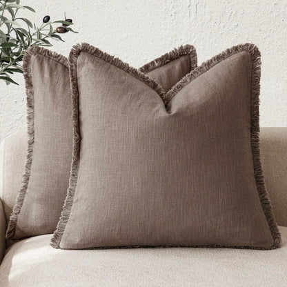 Foindtower Decorative Linen Fringe Throw Pillow Covers 20×20 Olive Green