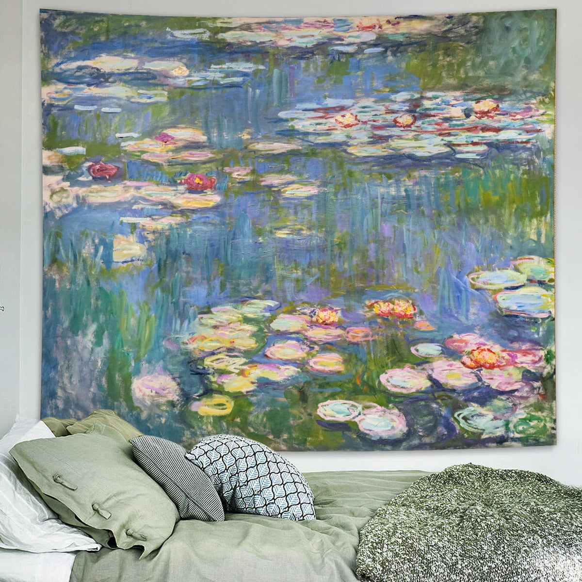 Monet Waterlily Wall Tapestry, Cute Floral Art Tapestries for Girl Bedroom