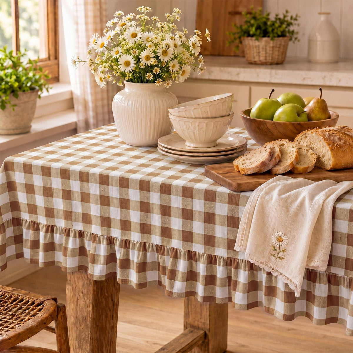 Mindsoft Light Pink Gingham Ruffled Tablecloth, 52 x 70 Inches, Rectangle