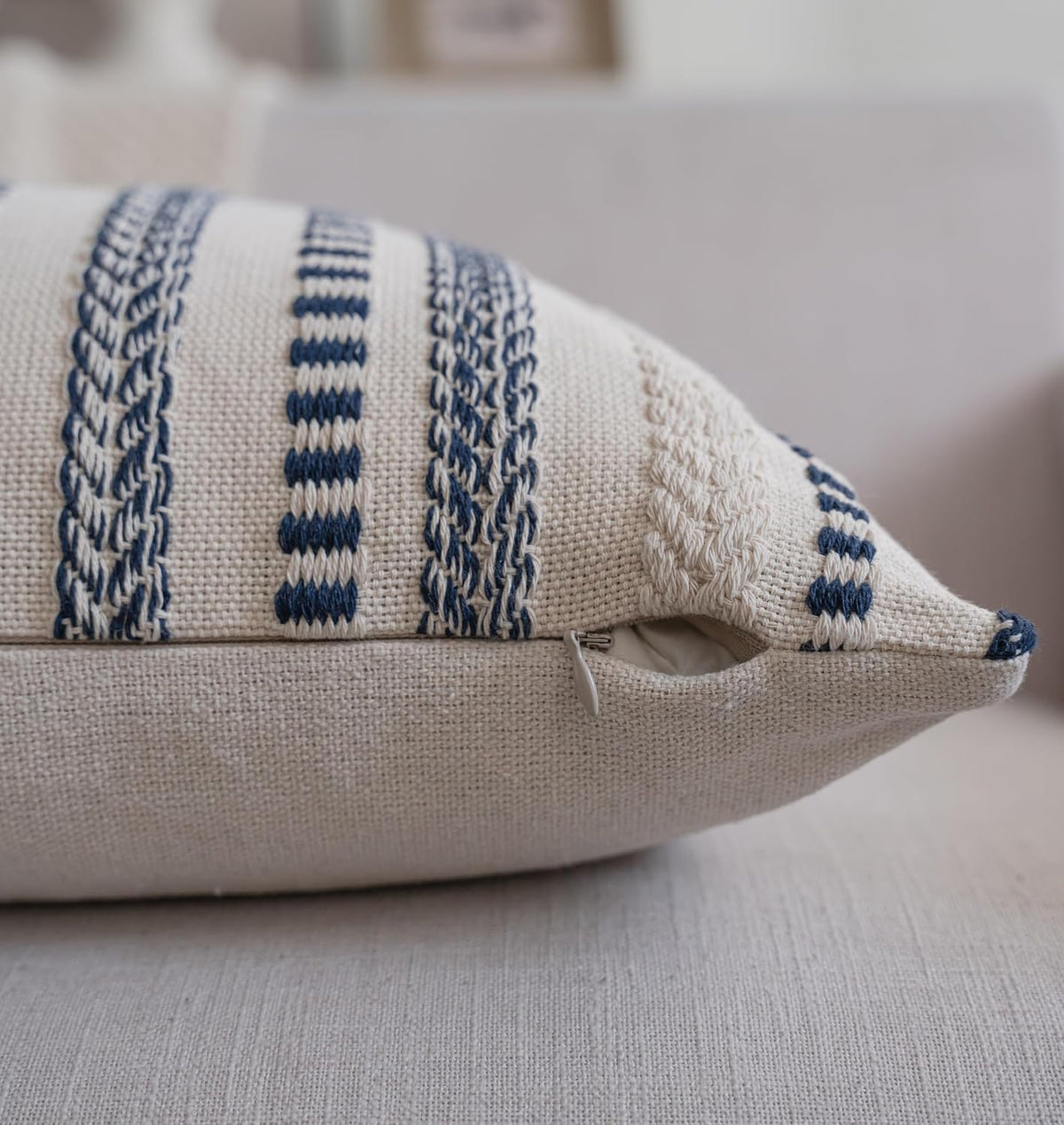 Cethom Navy Blue Boho Throw Pillow Covers 18x18 Inch Set of 2, Stripe Textured Decorative Couch Pillow Cases for Bed, Sofa, Living Room, Bedroom, Farmhouse Home Accent Cushion Covers