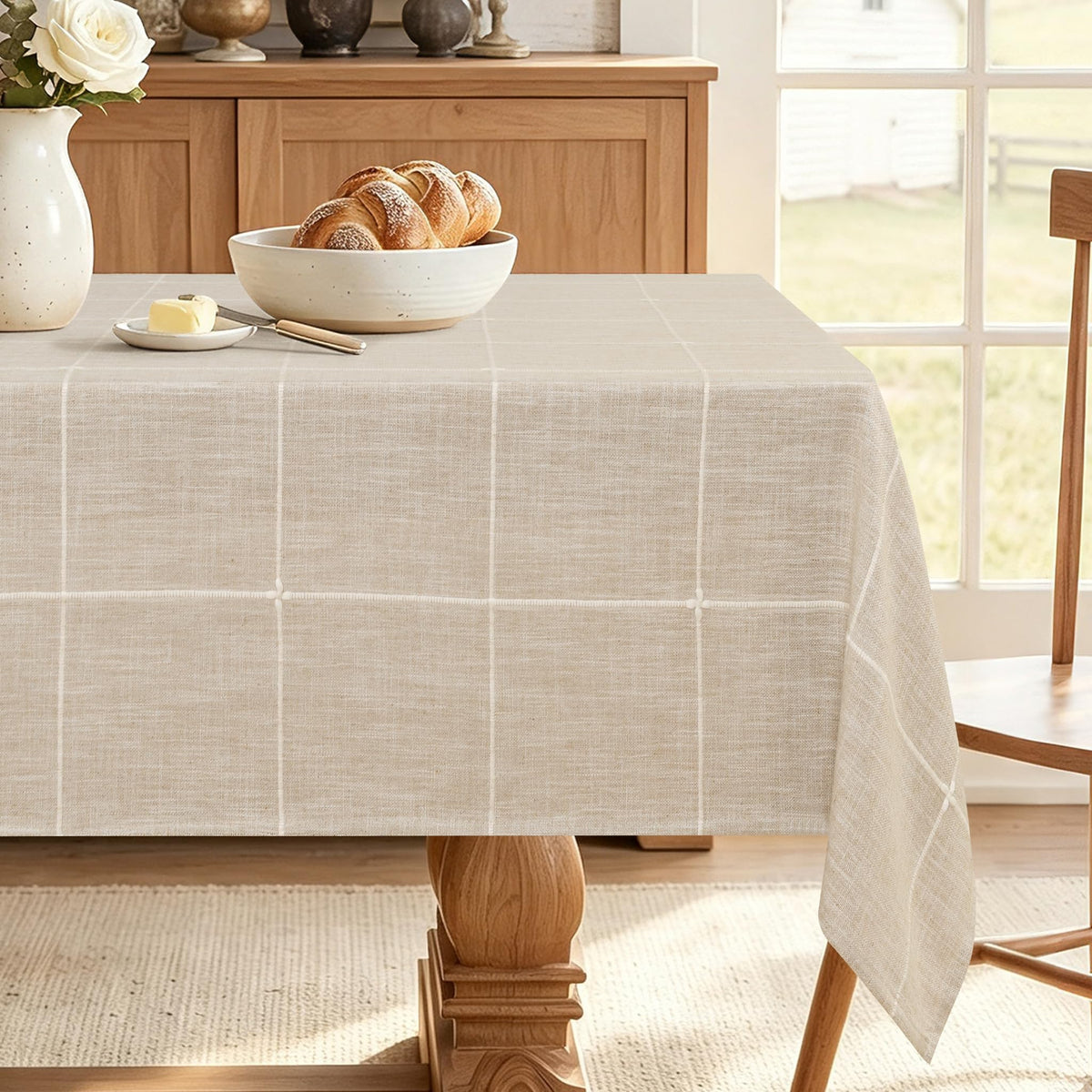 JIUZHEN Round Table Cloth Faux Linen Farmhouse Tablecloth Wrinkle and Stain Resistant Decorative Fabric Table Cover for Kitchen, Dining Room, Parties and Camping, Beige, 120 Inch Round