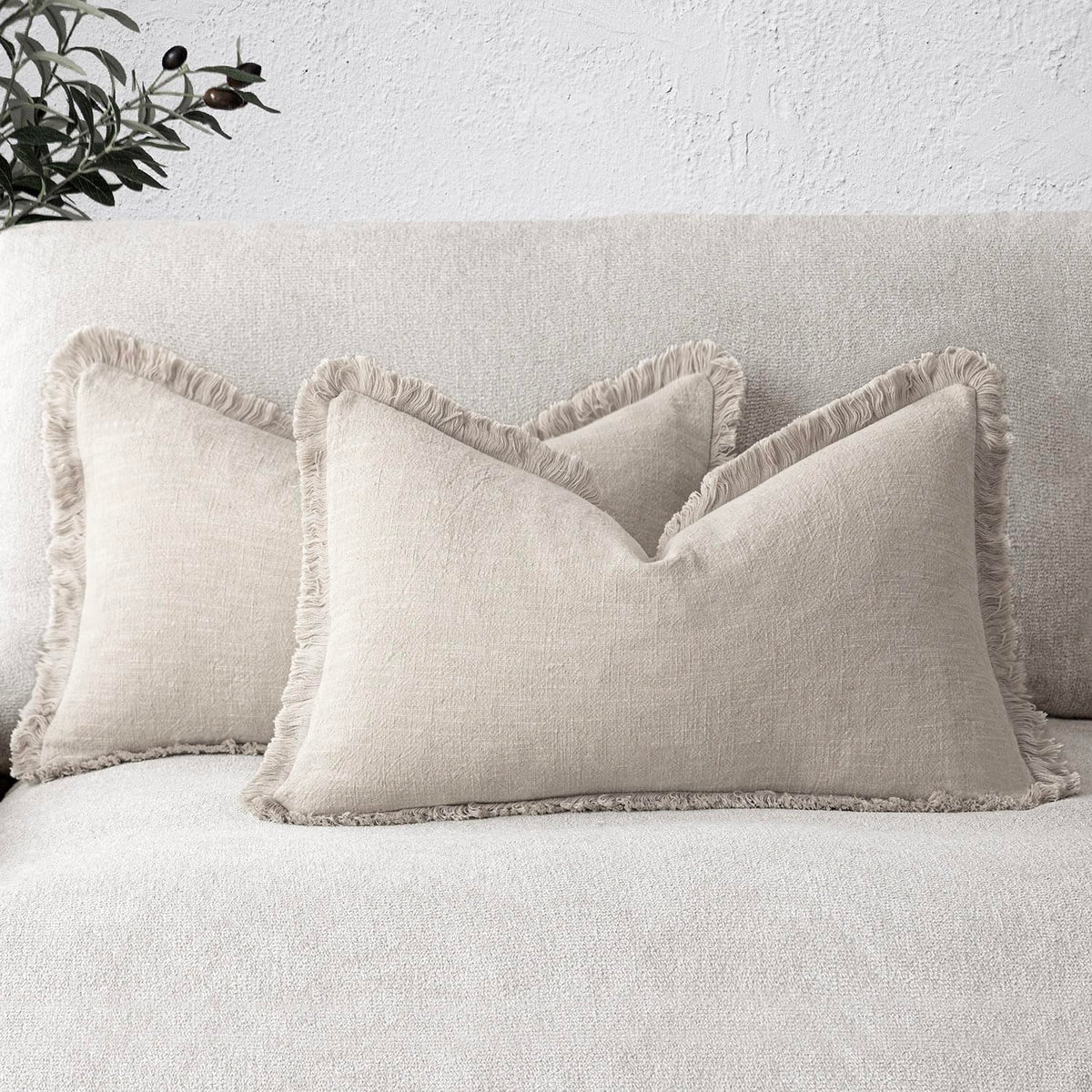 Foindtower Decorative Linen Fringe Throw Pillow Covers 20×20 Olive Green