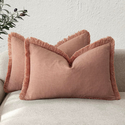 Foindtower Decorative Linen Fringe Throw Pillow Covers 20×20 Olive Green