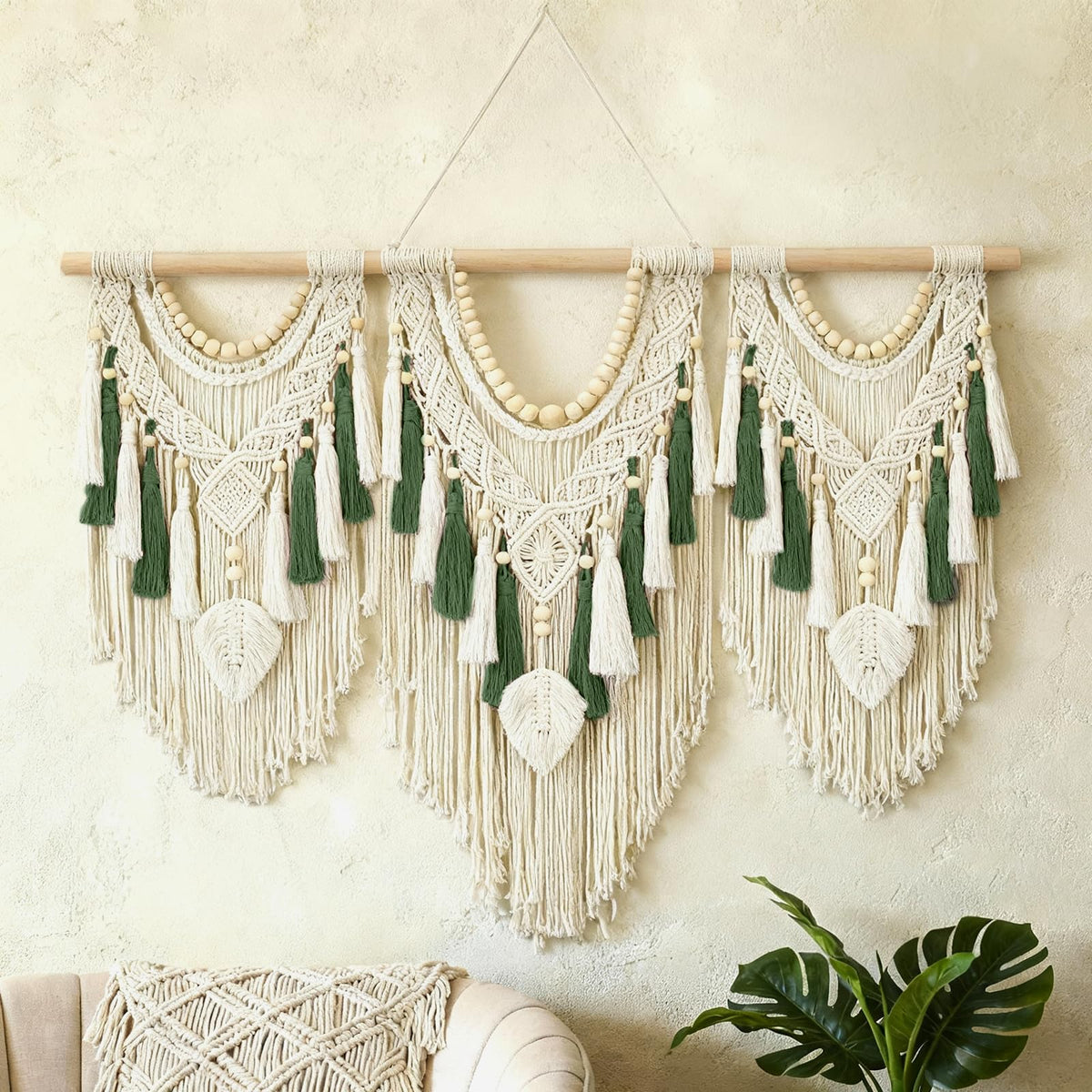 Tempospark Macrame Wall Hanging, 43"x32" Boho Wall Tapestry, Large Wall Art for Bedroom, Living Room, Dining Room, Nursery, Gallery, Office (Leaf&Bead)