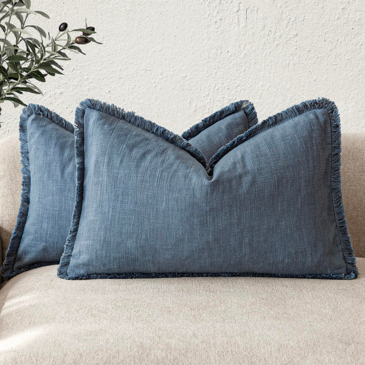 Foindtower Decorative Linen Fringe Throw Pillow Covers 20×20 Olive Green