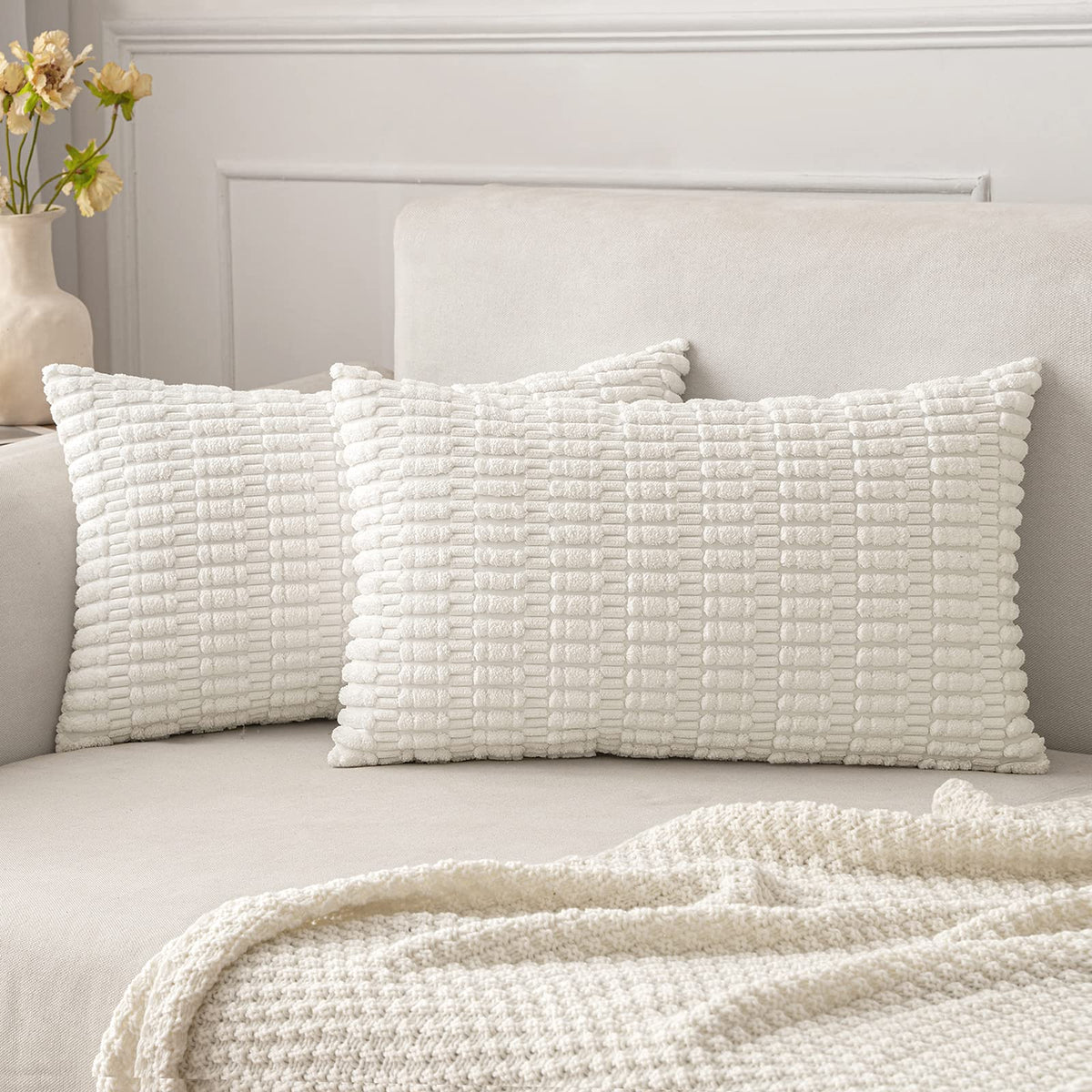 MIULEE Corduroy Decorative Throw Pillow Covers 18x18 Cream White Pack of 2