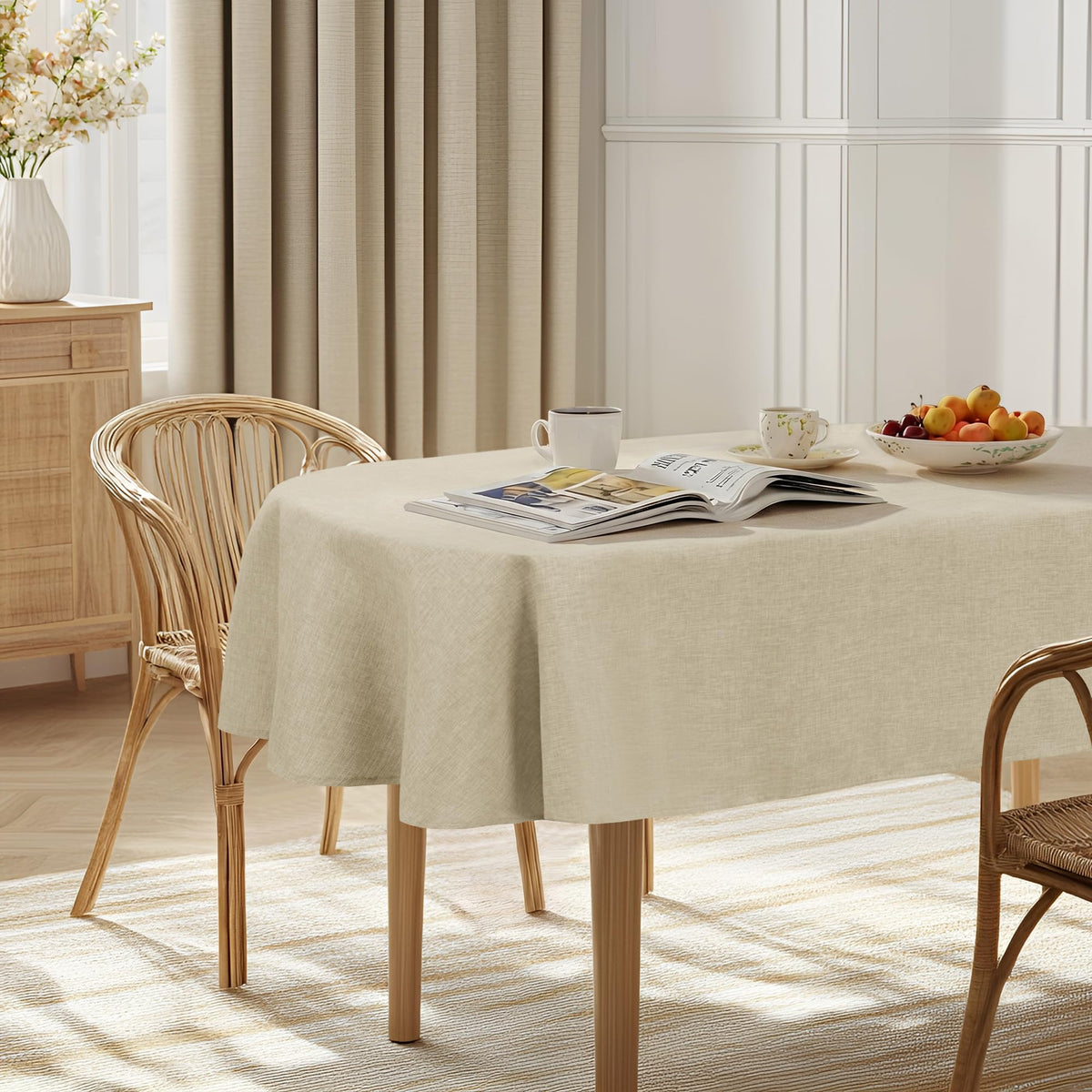 JIUZHEN Round Table Cloth Faux Linen Farmhouse Tablecloth Wrinkle and Stain Resistant Decorative Fabric Table Cover for Kitchen, Dining Room, Parties and Camping, Beige, 120 Inch Round