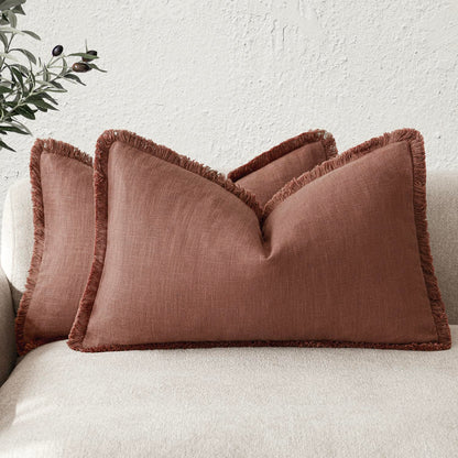 Foindtower Decorative Linen Fringe Throw Pillow Covers 20×20 Olive Green