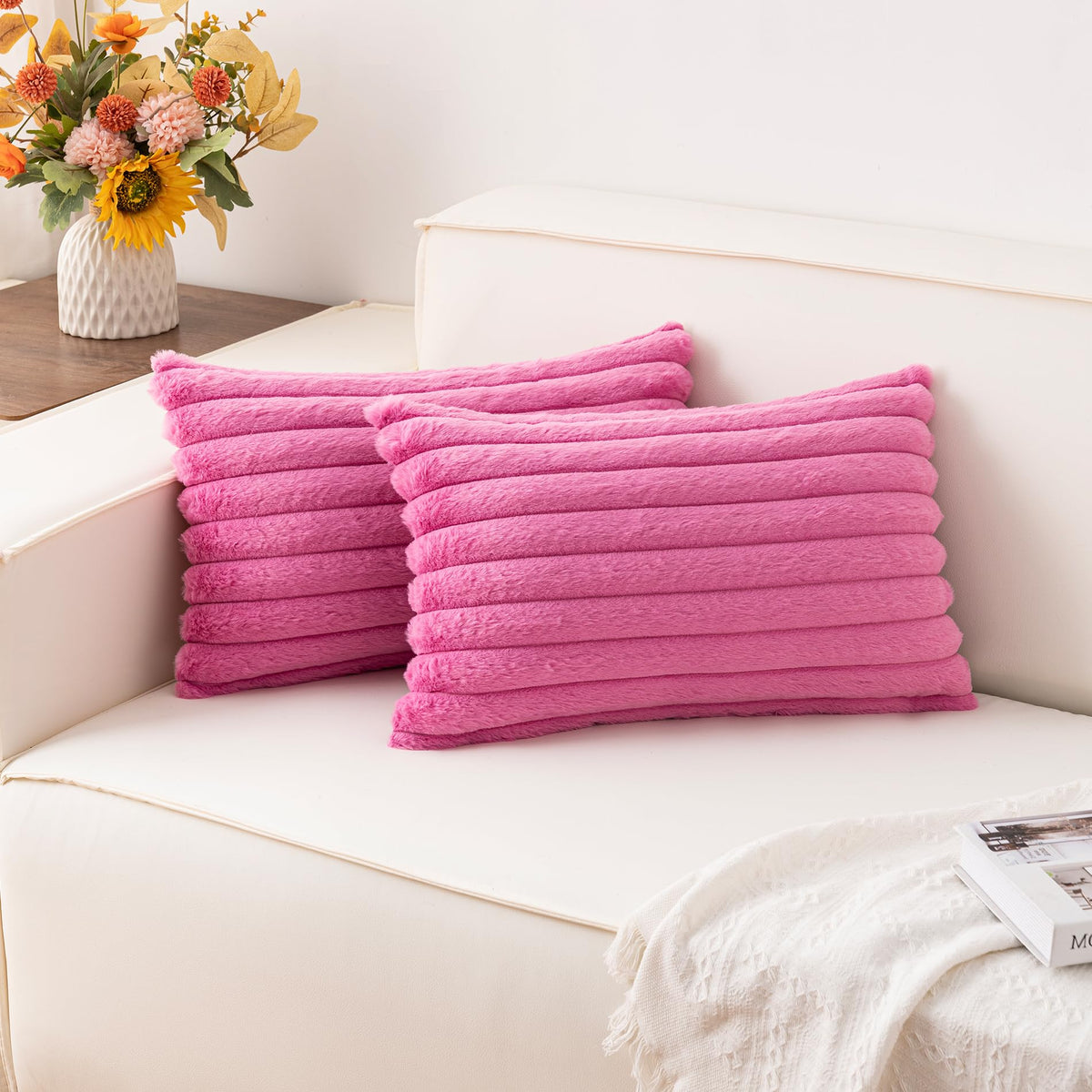 Pack of 2 Faux Fur Christmas Throw Pillow Covers 18x18 Inch, Cream White