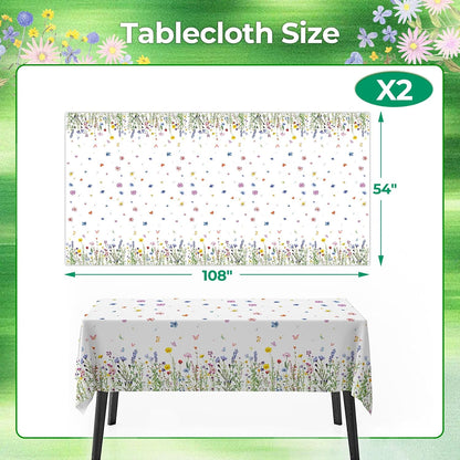 Spring Floral Party Tablecloth, 2 Pack Wildflower 54 x 108 Inch Tablecloth for Party Decorations, Butterfly Rectangular Table Cover, Disposable Plastic Table Cloth for Birthday and Celebration Event
