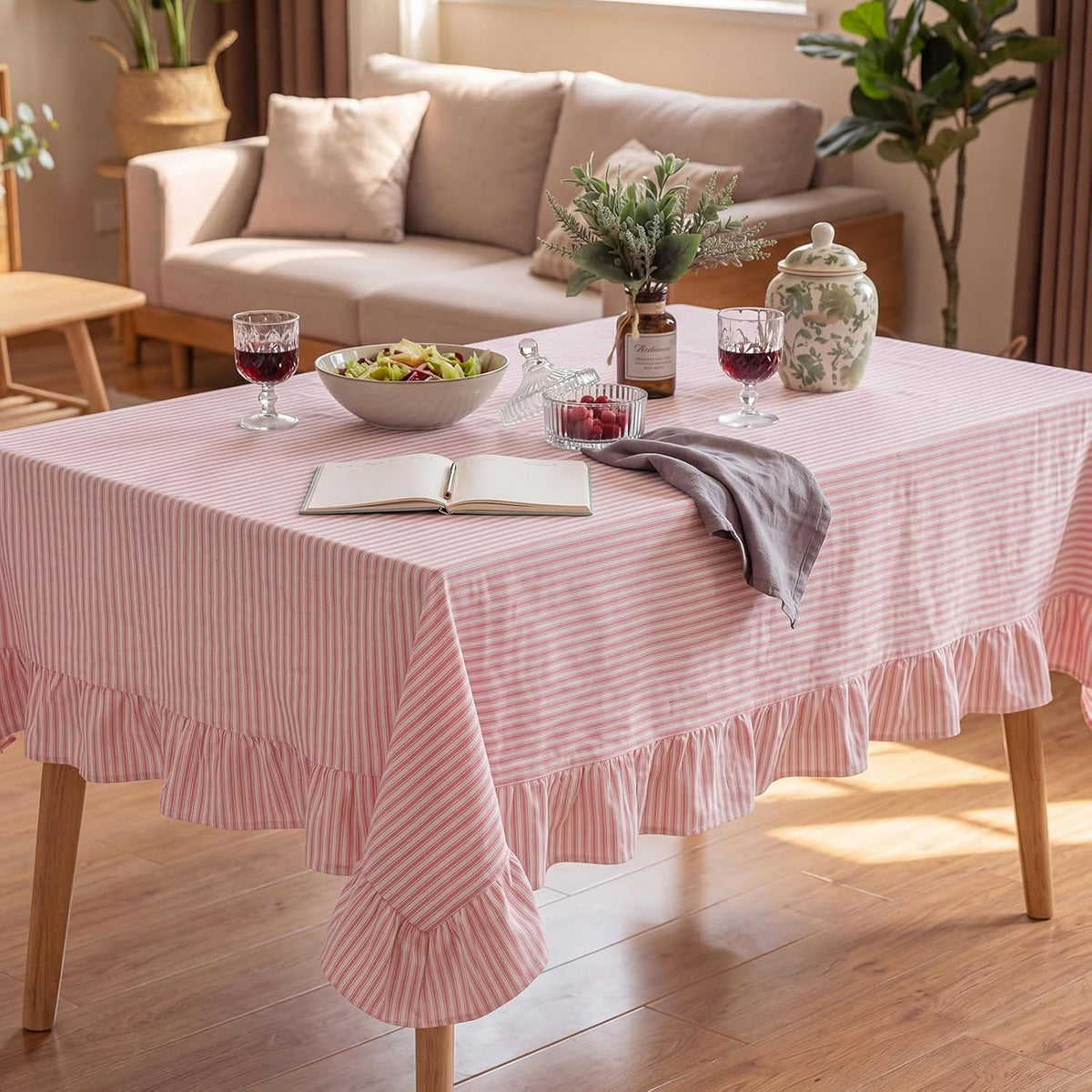 Moukeren 60 x 120 in Farmhouse Ruffle Striped Tablecloth, Pink, Striped