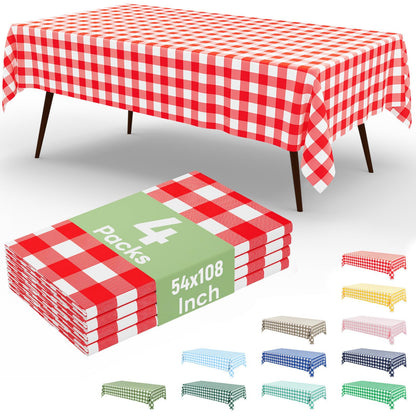 misaya 4 Packs Buffalo Disposable Table Cloth, 54 x 108 Inch Waterproof Plastic Tablecloth, Rectangle Red and White Checkered Table Covers for Picnic, Birthday, Party, Back to School