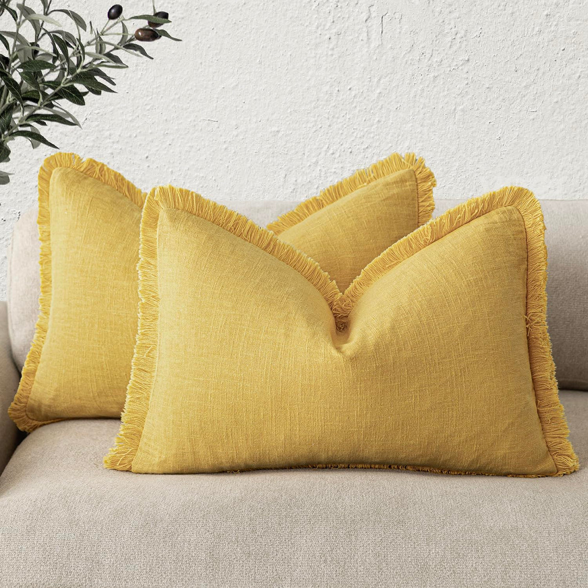 Foindtower Decorative Linen Fringe Throw Pillow Covers 20×20 Olive Green