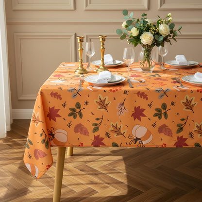 Thanksgiving Waterproof Tablecloth – Fall Harvest Pumpkins, Maple Leaves & Berries Print – Autumn Rectangle Table Cover for Dining or Party, Brown, W60 x L84 in
