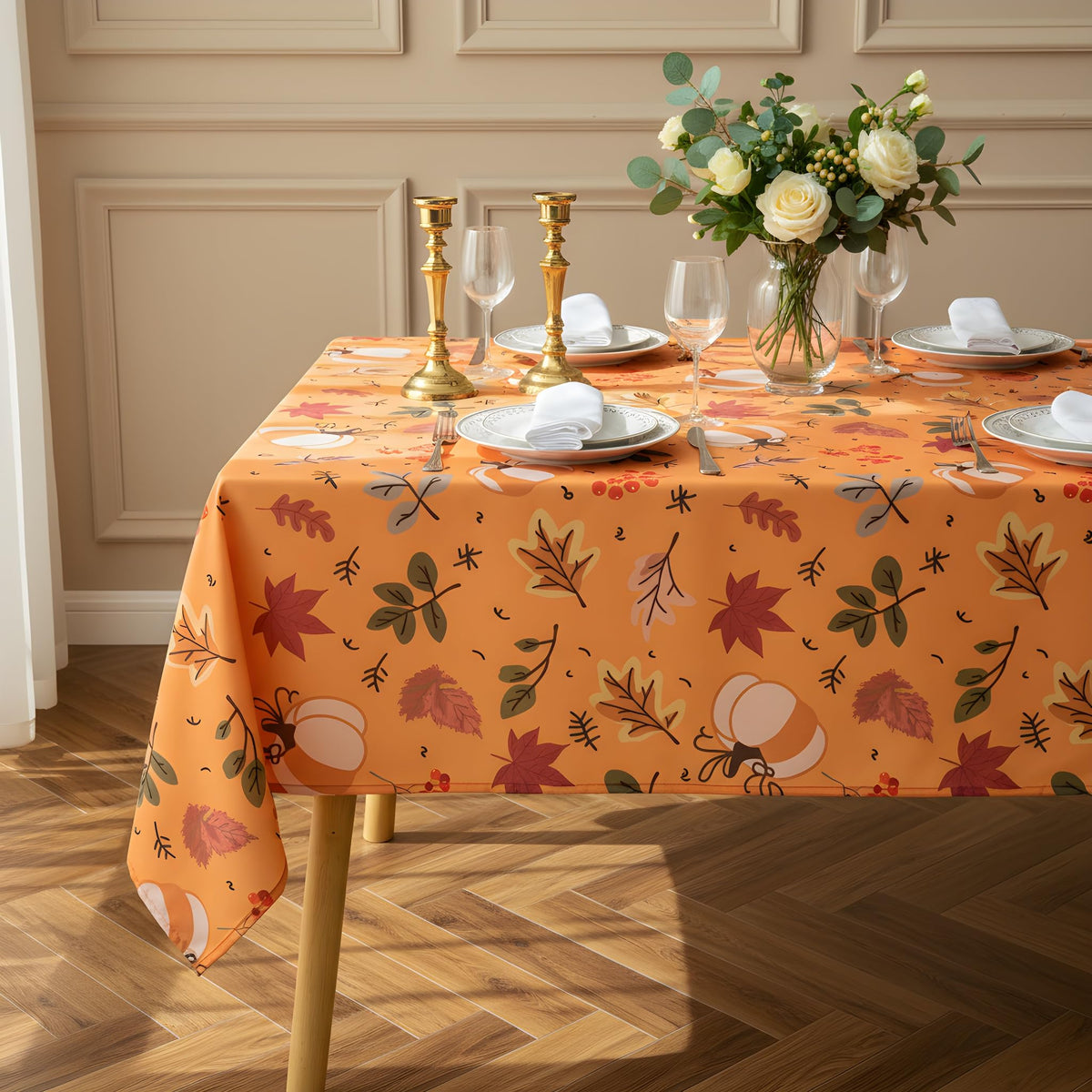 Thanksgiving Waterproof Tablecloth – Fall Harvest Pumpkins, Maple Leaves & Berries Print – Autumn Rectangle Table Cover for Dining or Party, Brown, W60 x L84 in