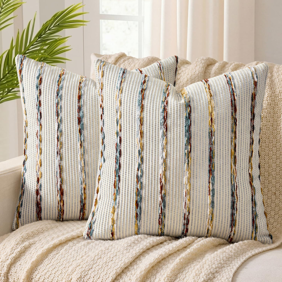 ANRODUO Boho Decorative Pillow Covers Olive Green Stripe 18x18 Pack of 2