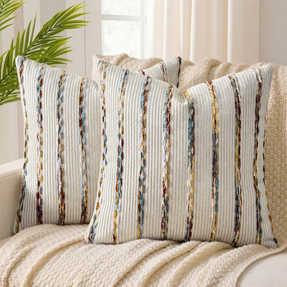 ANRODUO Boho Decorative Pillow Covers Olive Green Stripe 18x18 Pack of 2