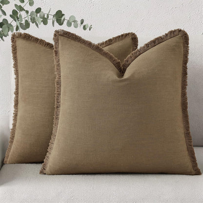decorUhome Linen Fringe Natural Beige Throw Pillow Covers 18x18 Set of 2