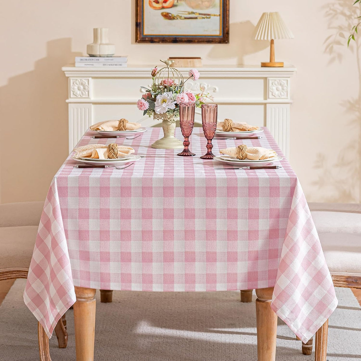 Gingham Tablecloth Rectangle Table, Cotton Linen Style Picnic Checkered Table Cloth Farmhouse Washable Wrinkle Free Buffalo Plaid Table Cover for Outdoor Birthday Party, Pink, 60x75