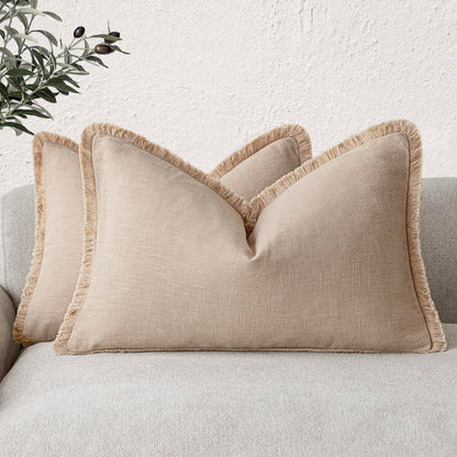 Foindtower Decorative Linen Fringe Throw Pillow Covers 20×20 Olive Green