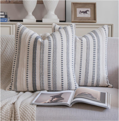 Cethom Navy Blue Boho Throw Pillow Covers 18x18 Inch Set of 2, Stripe Textured Decorative Couch Pillow Cases for Bed, Sofa, Living Room, Bedroom, Farmhouse Home Accent Cushion Covers