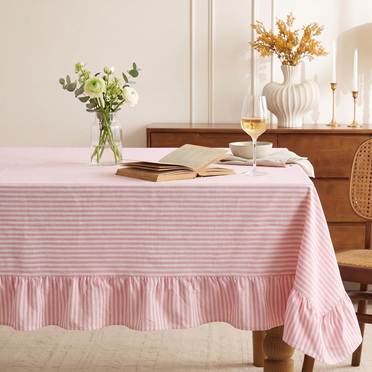 Moukeren 60 x 120 in Farmhouse Ruffle Striped Tablecloth, Pink, Striped