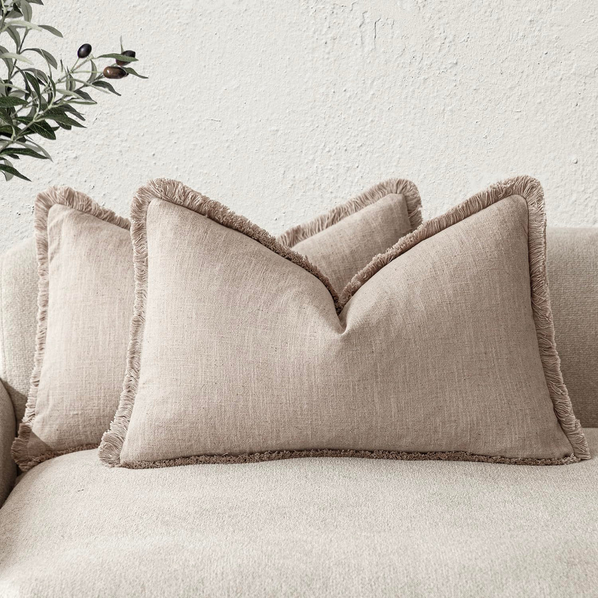 Foindtower Decorative Linen Fringe Throw Pillow Covers 20×20 Olive Green