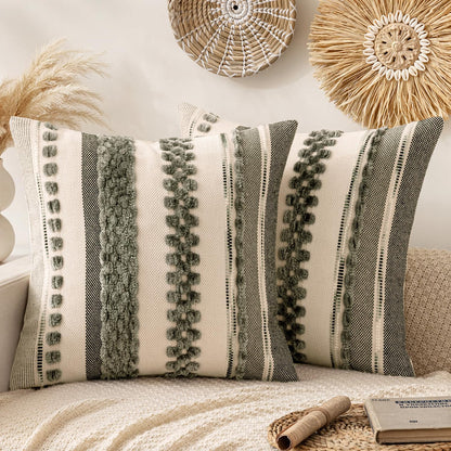 ANRODUO Boho Decorative Pillow Covers Olive Green Stripe 18x18 Pack of 2