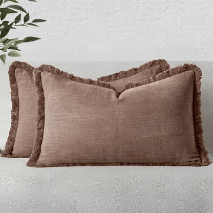 MIULEE Linen Fringe Decorative Throw Pillow Covers Natural Beige 20x20