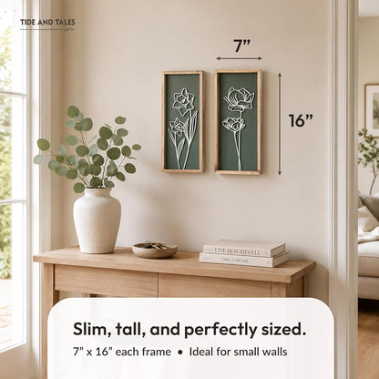 Tide and Tales Floral 3D Green Wall Art, Botanical Wall Decor, Set of 2