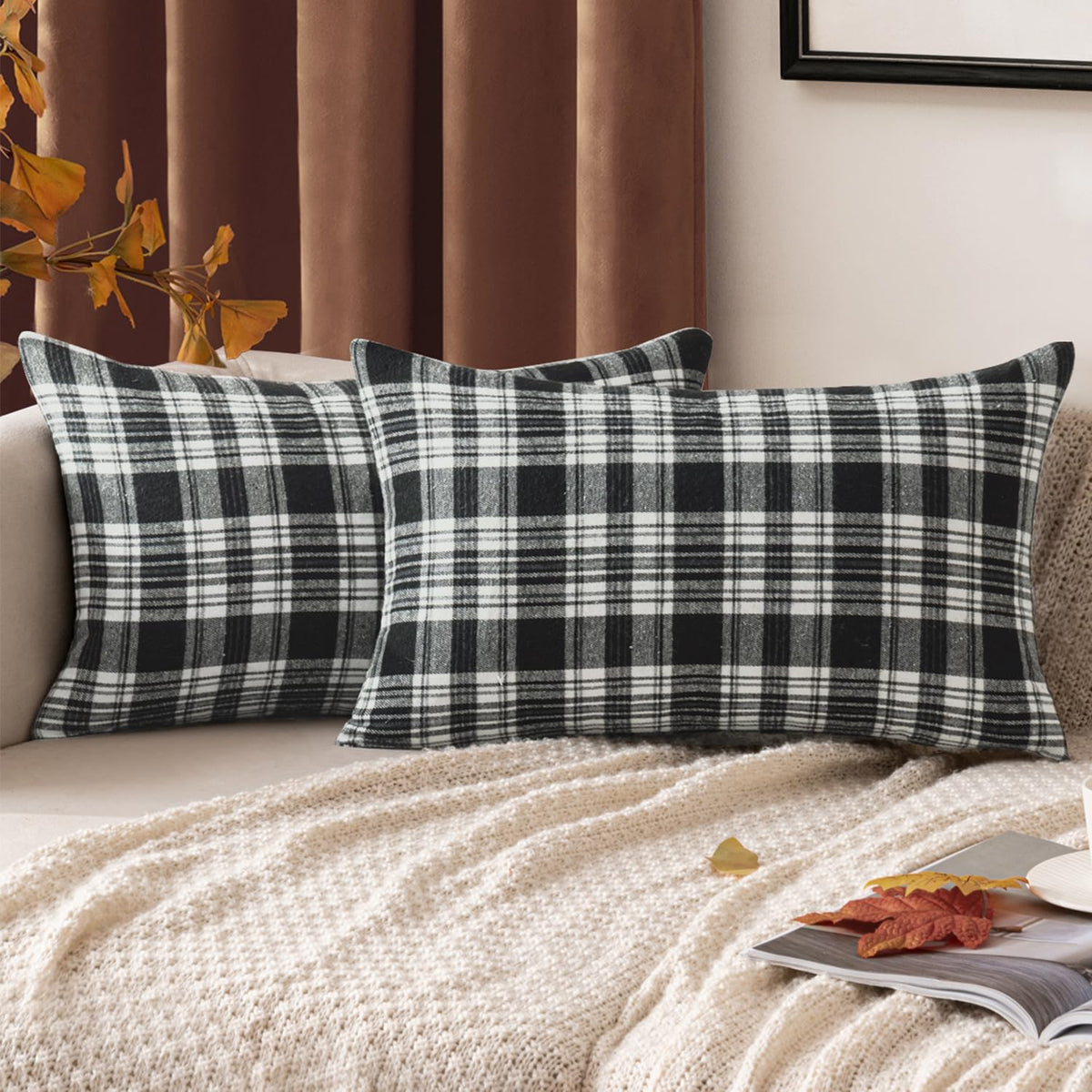 MIULEE Fall Plaid Pillow Covers Scottish Tartan 18x18 Terracotta Brown