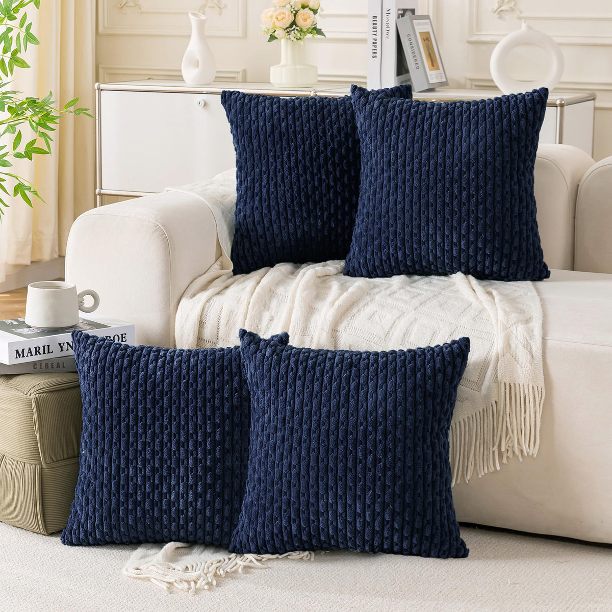 Set of 4 Neutral Decorative Throw Pillow Covers 18x18 Inch Corduroy Pillow Covers for Bed Couch Sofa Living Room Soft Square Cushion Cases