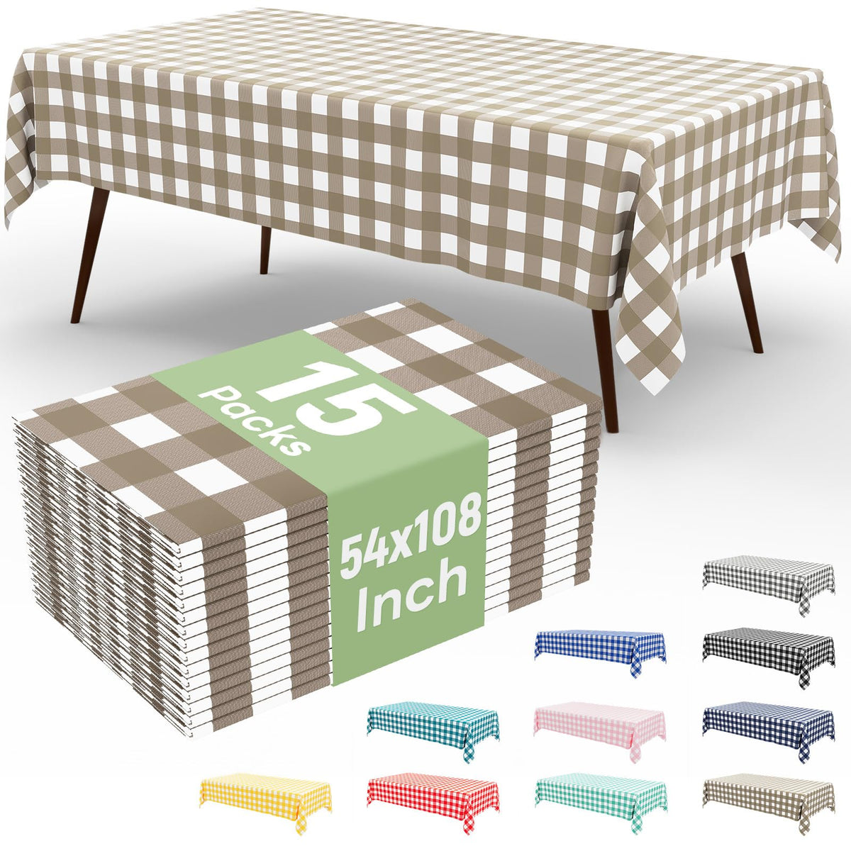 misaya 3 Packs Khaki White Buffalo Gingham Plastic Disposable Table Cloth