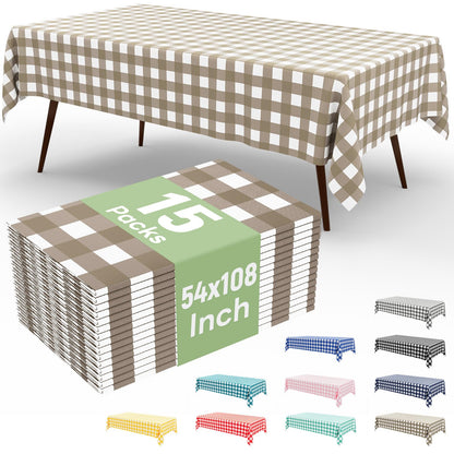 misaya 3 Packs Khaki White Buffalo Gingham Plastic Disposable Table Cloth