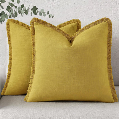decorUhome Linen Fringe Natural Beige Throw Pillow Covers 18x18 Set of 2
