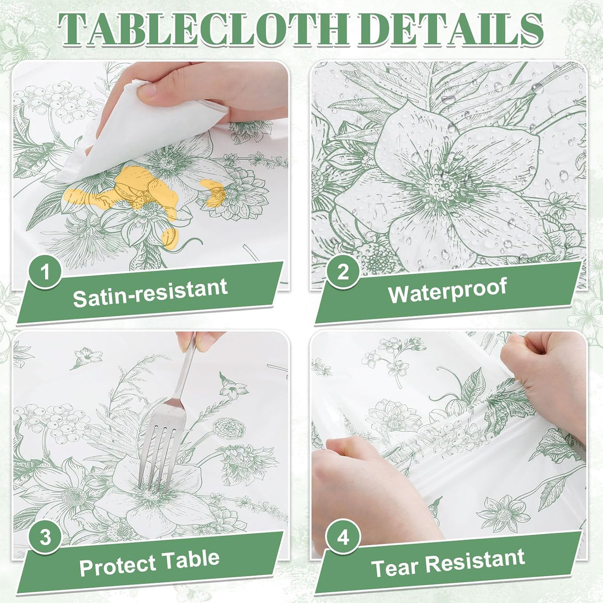 NatNarr 3 Pack Sage Green Floral Plastic Tablecloths, Tea Party Tablecloth