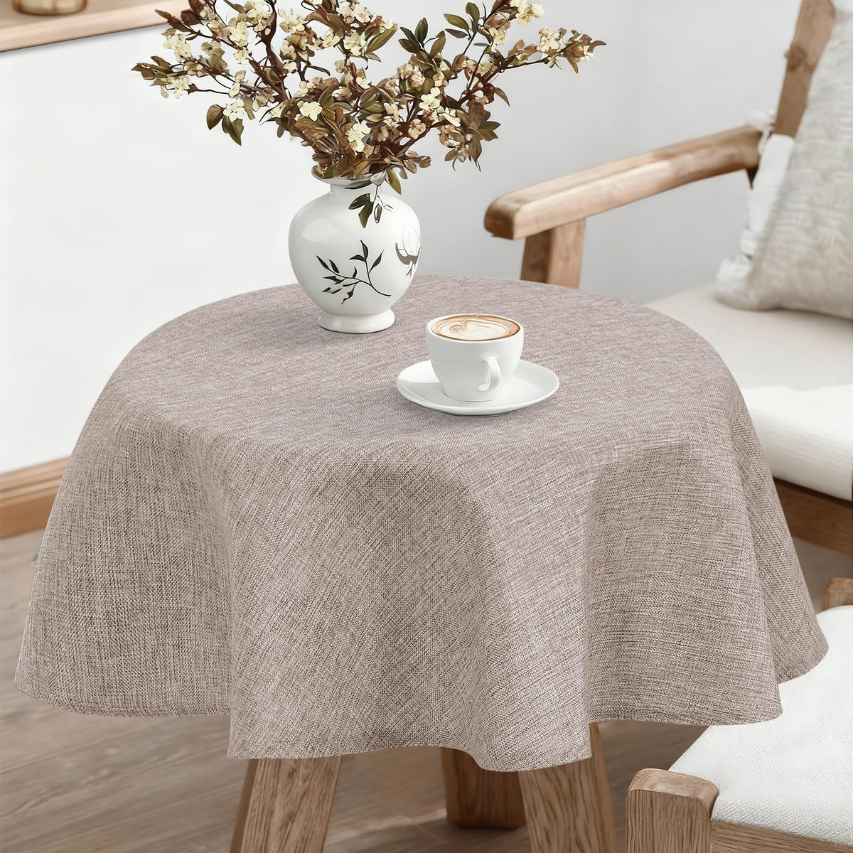 JIUZHEN Round Table Cloth Faux Linen Farmhouse Tablecloth Wrinkle and Stain Resistant Decorative Fabric Table Cover for Kitchen, Dining Room, Parties and Camping, Beige, 120 Inch Round