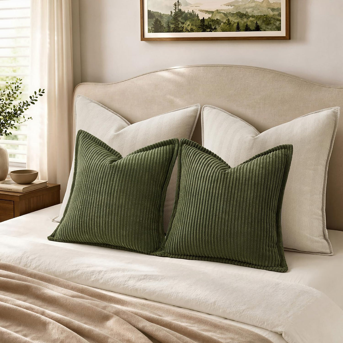 MIULEE Couch Pillow Covers 18x18 Olive Green Textured Corduroy