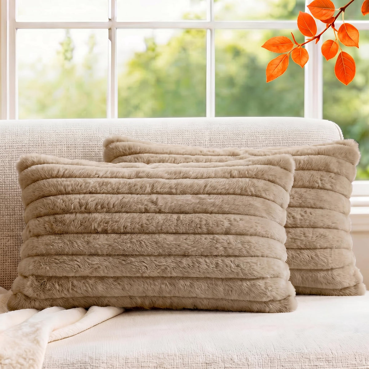 Set of 2 Decorative Throw Pillow Covers 18x18, Faux Fur Cream White