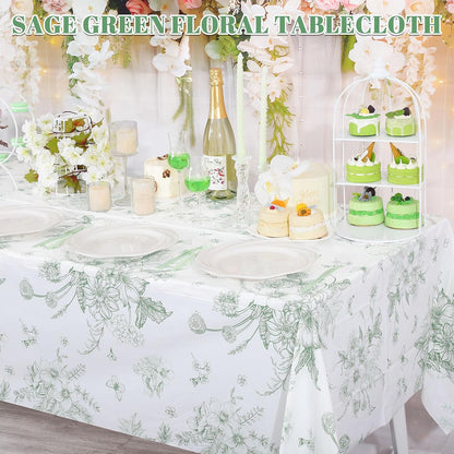 NatNarr 3 Pack Sage Green Floral Plastic Tablecloths, Tea Party Tablecloth