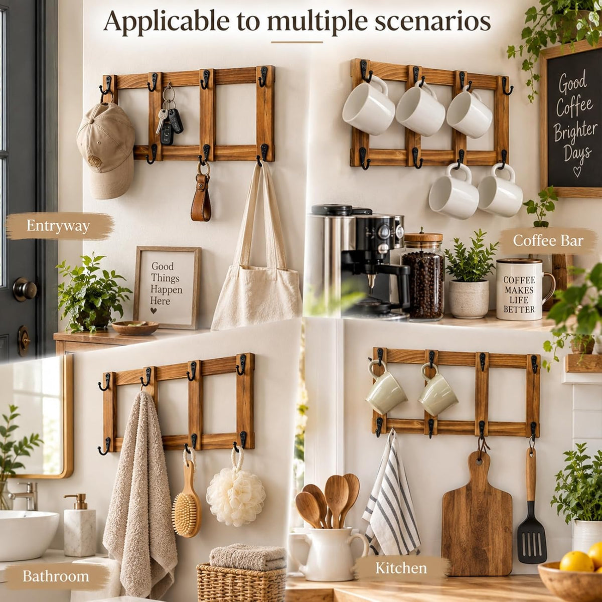 Yohsnor Wooden Coffee Mug Wall Rack-Durable Mug Holder Wall with 8 Hooks