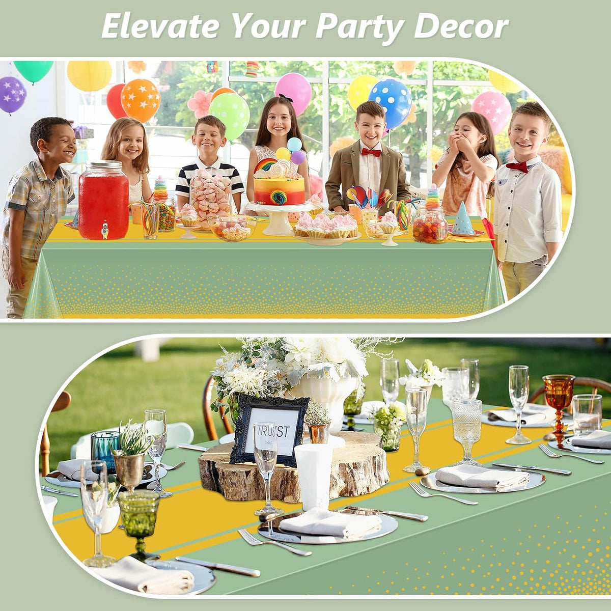 LANLISA Sage Green and Gold Tablecloth Party Decorations 2 Pack, Disposable Plastic Table Cloths for Baby Shower Birthday Wedding Party Decor