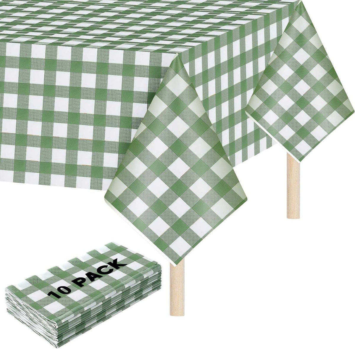 Mindsoft 10 Pack Gingham Party Tablecloth, 54 x 108 Inch Plastic Waterproof Heckered Disposable Plaid Party Tablecover for Picnic Birthday Baby Shower Bridal Wedding (Sage Green Checkered)